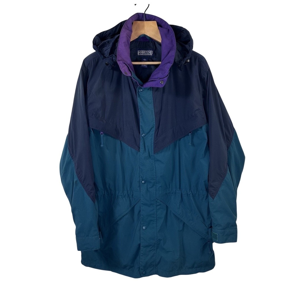 LANDS ENDS Coat Jacket Parka‎ Hooded Zip Snap Up Unlined Color Block Mens Reg L
